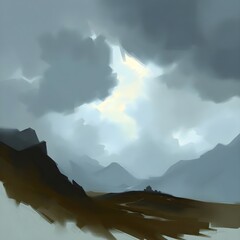 Serene Nature Landscape with Mountains, River, and Sunset Sky &ndash; Ideal Background for Design and Print, Generated AI