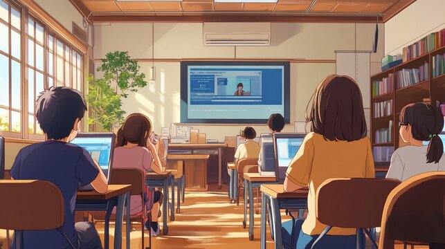 Students learning online in classroom with laptop and presentation screen