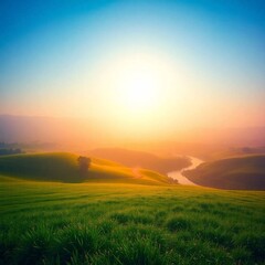 Serene Nature Landscape with Mountains, River, and Sunset Sky &ndash; Ideal Background for Design and Print, Generated AI