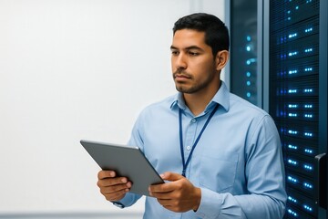 Male IT professional analyzing data on tablet in a server room