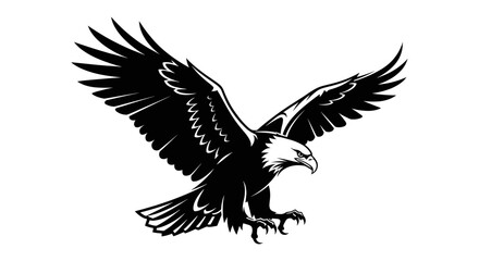 Fototapeta premium Detailed Black and White Graphic of an Eagle in Flight with Wings Extended Against a Plain White Background