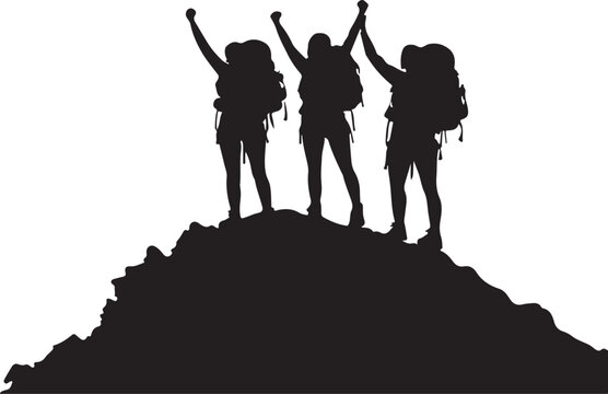 black silhouettes of hikers celebrating on mountain clip art preview