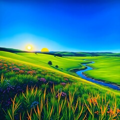 Serene Nature Landscape with Mountains, River, and Sunset Sky &ndash; Ideal Background for Design and Print, Generated AI