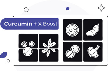 Grid of foods like turmeric, ginger, garlic, styled with medical symbols and molecule overlays