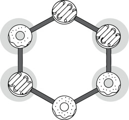 PriGeometric crystal lattice of sugar molecules forming stylized desserts like donuts and cookies