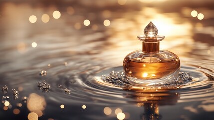 Elegant perfume bottle on water surface with golden light reflections
