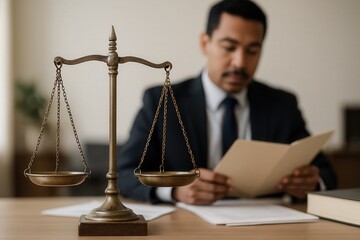 Focused Latin American lawyer reading documents at desk with scales of justice in foreground