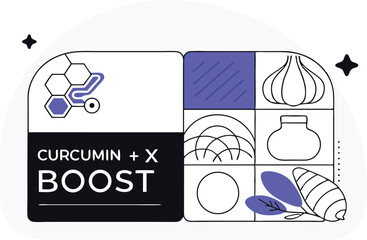 Grid of foods like turmeric, ginger, garlic, styled with medical symbols and molecule overlays
