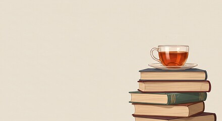stack of books and cup of tea, subject at the bottom, clear copy space at the top., digital illustration