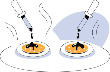 Stylized titration setup dripping sauces