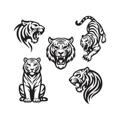 A collection of five high-quality black vector tiger illustrations in line art style. Featuring roaring tigers, sitting pose, and dynamic movement. Perfect for tattoo design, logos, mascot, decals, an