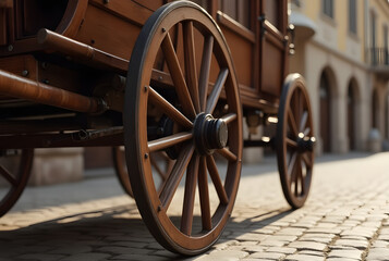 Obraz premium Full Side View of Horse Carriage Wheel in Old Town Setting