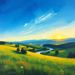Serene Nature Landscape with Mountains, River, and Sunset Sky &ndash; Ideal Background for Design and Print, Generated AI