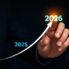 Hand touching growth arrow with 2025 to 2026 year progression concept