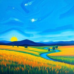 Serene Nature Landscape with Mountains, River, and Sunset Sky &ndash; Ideal Background for Design and Print, Generated AI