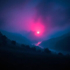 Serene Nature Landscape with Mountains, River, and Sunset Sky &ndash; Ideal Background for Design and Print, Generated AI