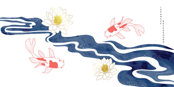 Luxury oriental river background vector. Chinese and Japanese wallpaper pattern design of watercolor sea wave, koi fish, lotus flower. Design illustration for decoration, wall decor, banner, interior.