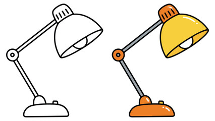 Desk Lamp Vector Clipart – Cute Yellow and Orange Study Lamp in Color and Outline for Kids and Decor
