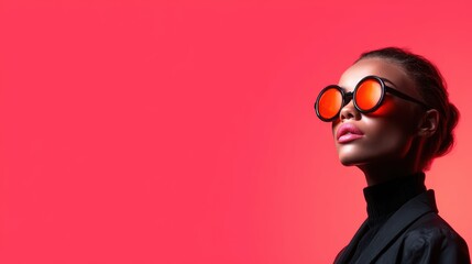 A captivating portrait of a fashionable woman wearing round orange sunglasses against a vibrant pink background, showcasing modern elegance and style.