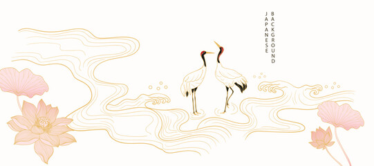 Luxury oriental river background vector. Chinese and Japanese wallpaper pattern design of gold sea wave, lotus flower, crane bird. Design illustration for decoration, wall decor, banner, interior.