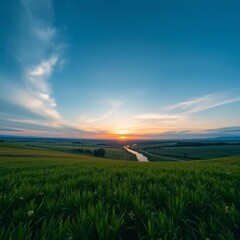 Serene Nature Landscape with Mountains, River, and Sunset Sky &ndash; Ideal Background for Design and Print, Generated AI