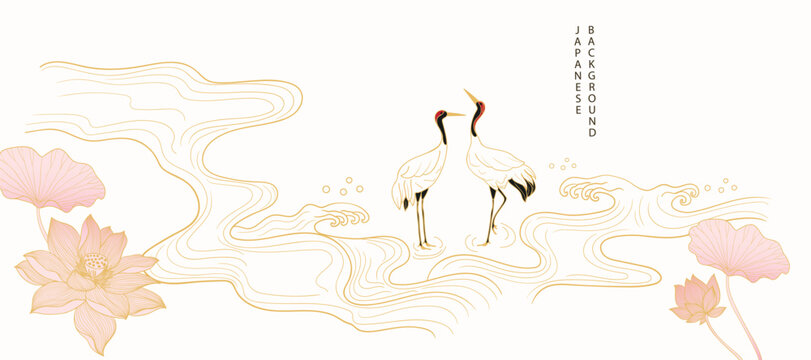 Luxury oriental river background vector. Chinese and Japanese wallpaper pattern design of gold sea wave, lotus flower, crane bird. Design illustration for decoration, wall decor, banner, interior.