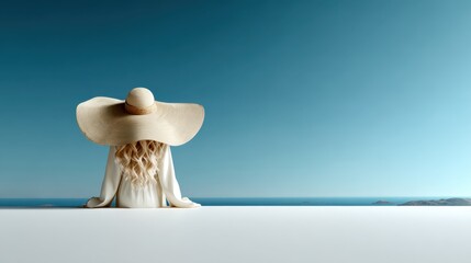 A serene image of a woman with long blonde hair wearing a large hat, gazing peacefully at the vast ocean under a blue sky, evoking feelings of tranquility and escape.