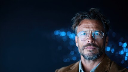 A portrait of a thoughtful man wearing glasses, showcasing his rugged beard and stylish hair against a softly lit, dark background with shimmering blue accents reflecting depth.