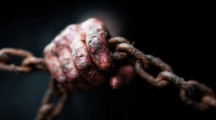 A striking close-up of a weathered hand gripping rusted chains against a dark background evokes themes of struggle, resilience, and liberation from bondage.