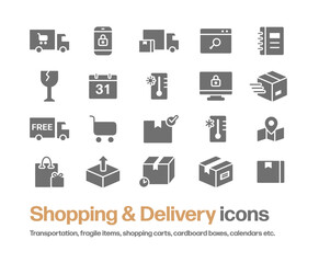 ショッピングと宅配のアイコンセット。配達,輸送,ワレモノ,カレンダー,温度計,カート,地図,荷物等のシンプルなシルエットイラスト