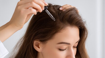 Realistic image of woman applying hair serum to scalp with dropper, symbolizing hair care, nourishment, and healthy hair growth in a clean minimalist setting