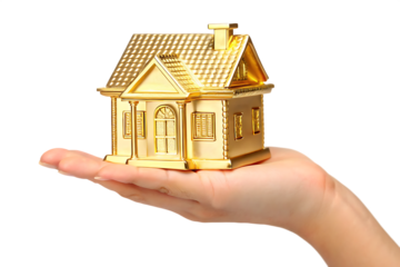 Golden house model in hand isolated on a white background