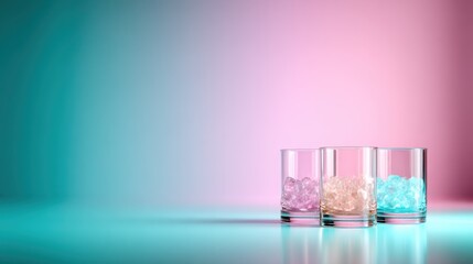 Three glasses filled with colorful ice cubes are beautifully arranged against a soft gradient backdrop, highlighting the refreshing and cool atmosphere of summer drinks.
