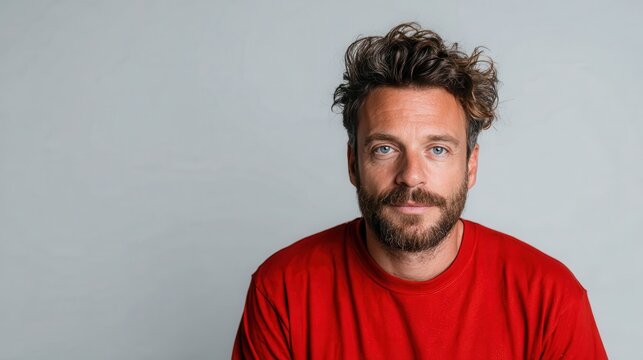 A contemplative man with a beard and serious expression wearing a red shirt poses against a soft grey background, reflecting introspection and authenticity in modern portrait photography. - Powered by Adobe
