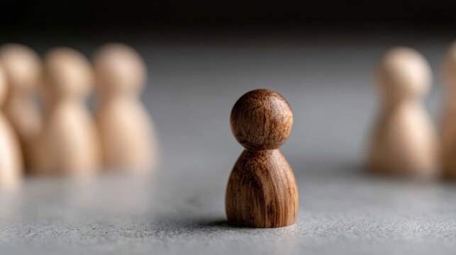 A single wooden figure stands out amidst several background figures, symbolizing individuality and the concept of standing apart in a group setting or community.