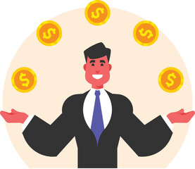 Businessman Juggling Coins | Vector illustration of a businessman juggling coins, representing multitasking, financial management, income balancing, and handling multiple revenue streams.