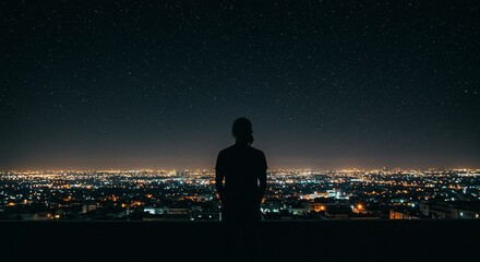 Silhouette of person overlooking city lights at night with dark sky