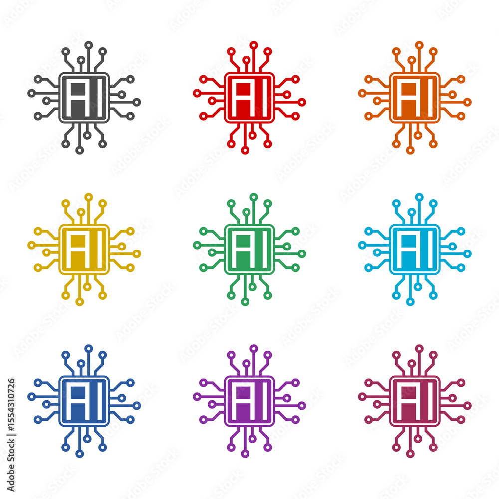 Poster ai cpu artificial intelligence processor icon isolated on white background. set icons colorful