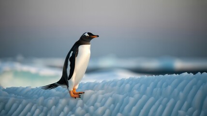 Obraz premium Gentoo penguin standing on iceberg in antarctica at sunrise