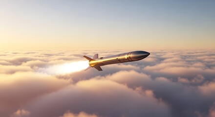 Ballistic Missile Flying Over Glowing Clouds at Sunset with Warm Light and Surreal Tension