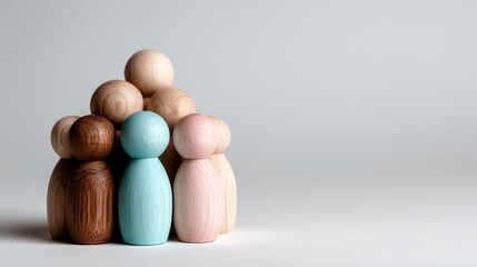 A collection of wooden figurines in various colors and shapes, symbolizing diversity and community, showcasing unity, togetherness, and artistic representation of human connections.