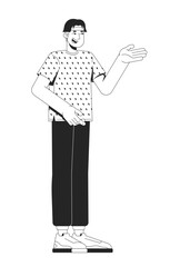 Casual asian man gesturing in patterned tshirt while speaking 2D line character. Chinese guy in friendly and approachable pose isolated vector ink outline person. Monochromatic spot illustration