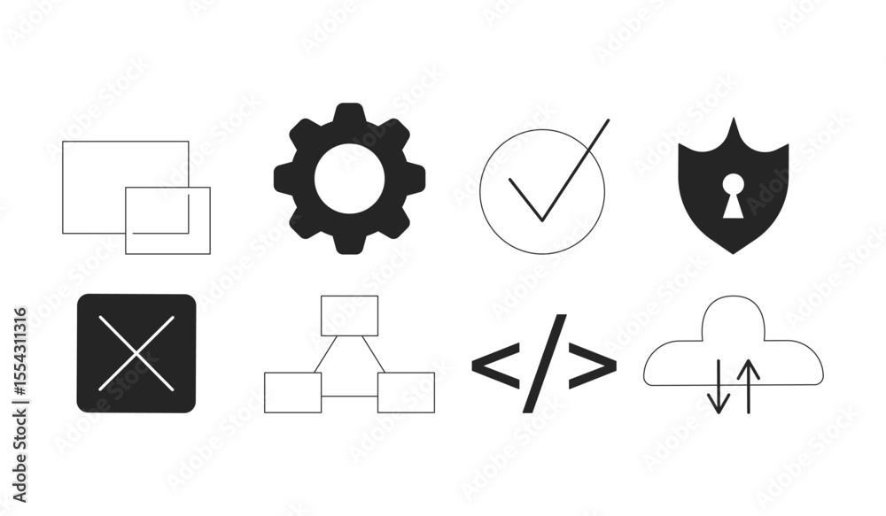 Poster technology and ui icons 2d line objects set. cloud computing, code brackets, checkmark tick, shield,
