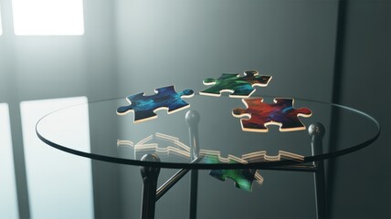 Floating puzzle pieces on glass table with reflections in sunlight