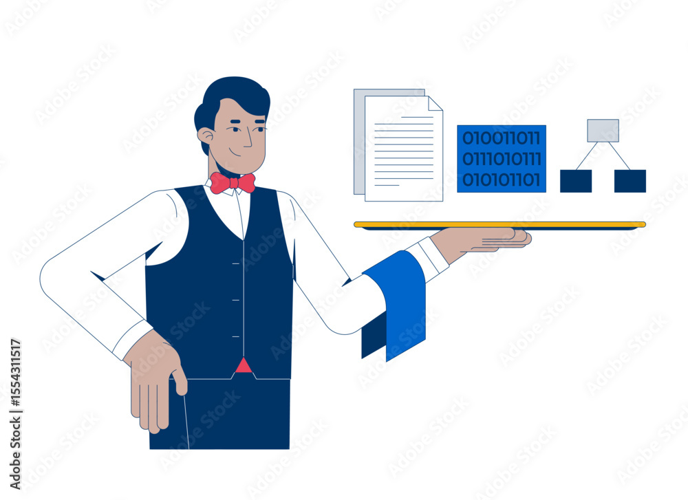 Poster serving up data for training ai 2d illustration concept. improving language model performance. butle