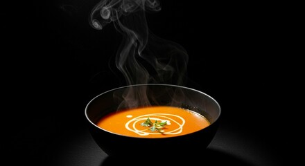 Steaming hot orange soup in bowl
