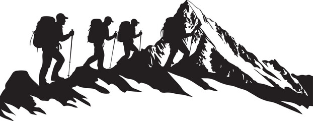 Silhouette of a mountain Hiker climber on top of hill isolated on white background