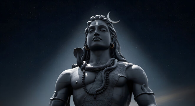 Majestic Stone Divinity: The serene sculpture of a deity, his visage radiating wisdom and strength. The divine figure is an embodiment of spirituality and ancient artistry. 