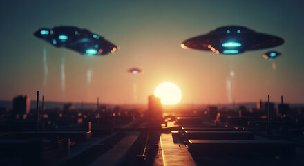 Naklejka premium UFO Fleet Over City at Sunset: Futuristic Sci-Fi Invasion Concept with Warm Tones