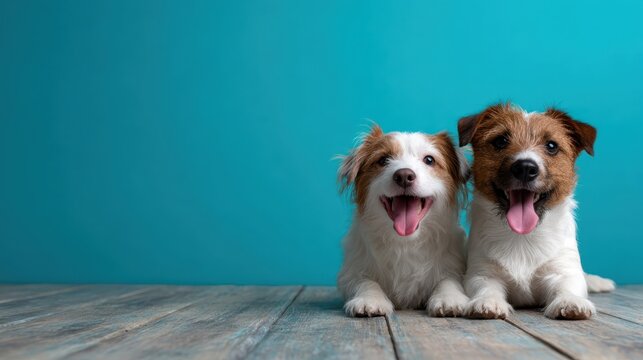 This adorable image captures two happy dogs laying side by side, showcasing their playful personalities, set against a bright turquoise backdrop that enhances happiness.
